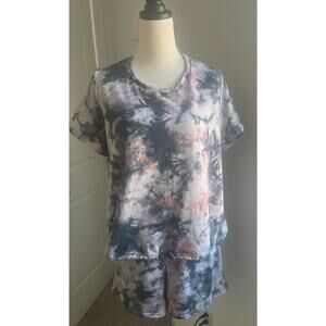 Almost Famous Blue White Floral Fleece Sleeveless Hoodie Top and Shorts Set 2X